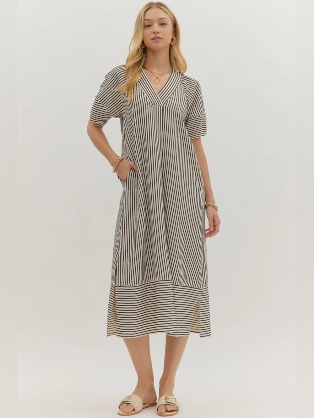This Just In Striped Midi Dress S Black White V-Neck Puff Sleeve Pockets